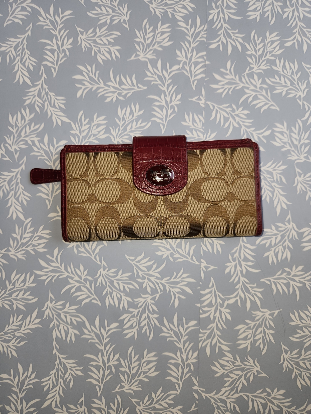 Coach Signature Canvas Wallet with Burgundy Leather Trim